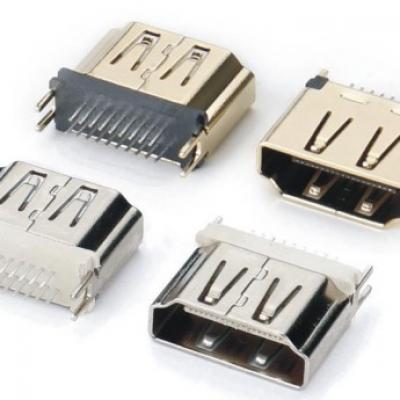 180度夹板式HDMI A TYPE母座连接器外壳厚度T=0.50,  端子直端