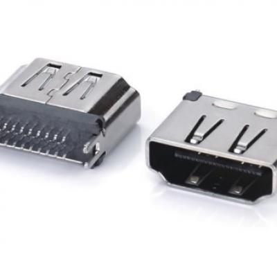 180度夹板式HDMI A TYPE母座连接器外壳厚度T=0.50,  端子弯端