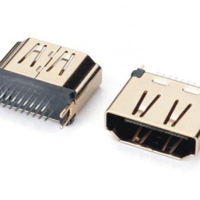 180度夹板式HDMI A TYPE母座连接器外壳厚度T=0.40,  端子直端