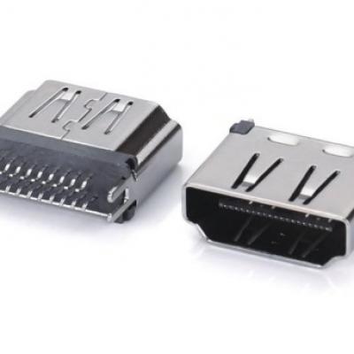 180度夹板式HDMI A TYPE母座连接器外壳厚度T=0.40,  端子弯端